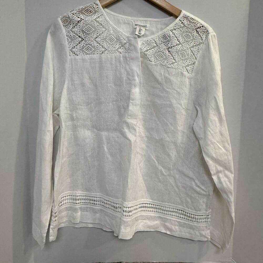 Artisan NY 100%‎ Linen Blouse Ivory Crochet Accents L Summer